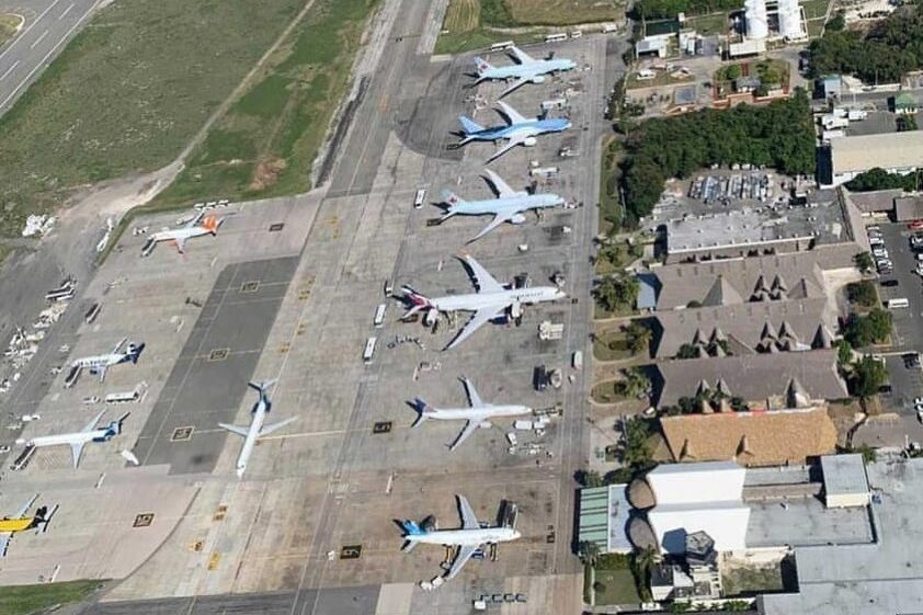 top view of airliners parked at airport