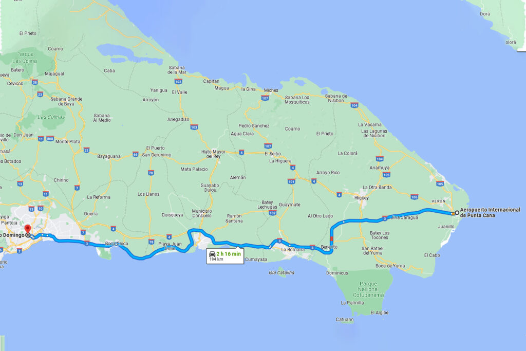 Route from Punta Cana airport to Santo Domingo