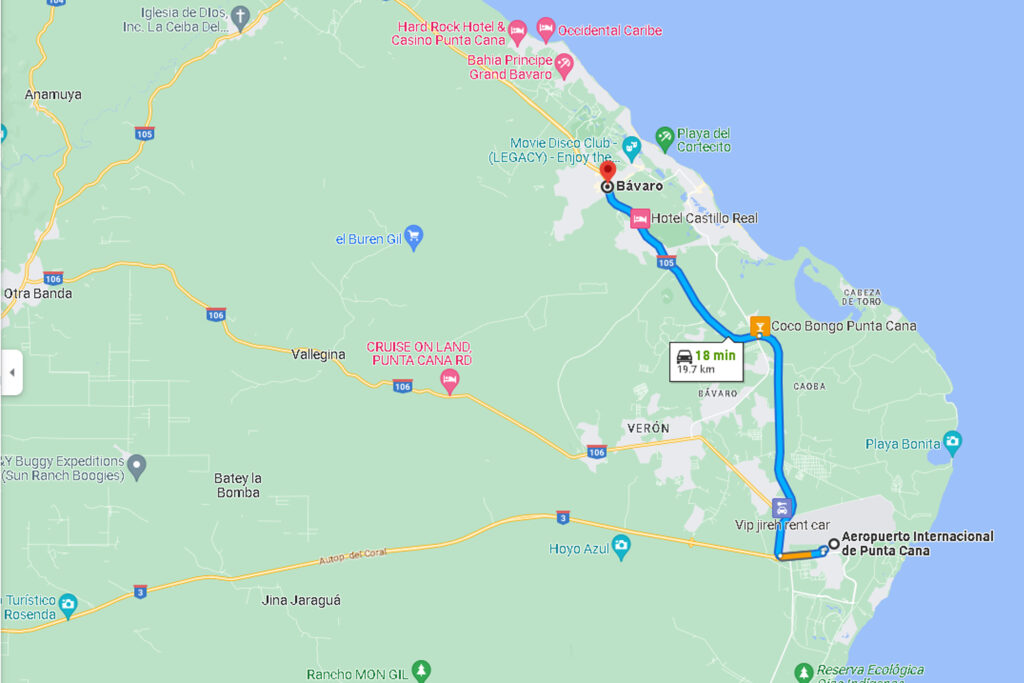 map of Route from Punta Cana airport to Bavaro
