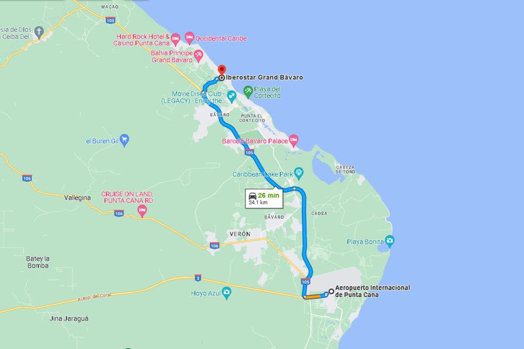 Map Transportation from Punta Cana Airport to Iberostar Grand Bavaro: