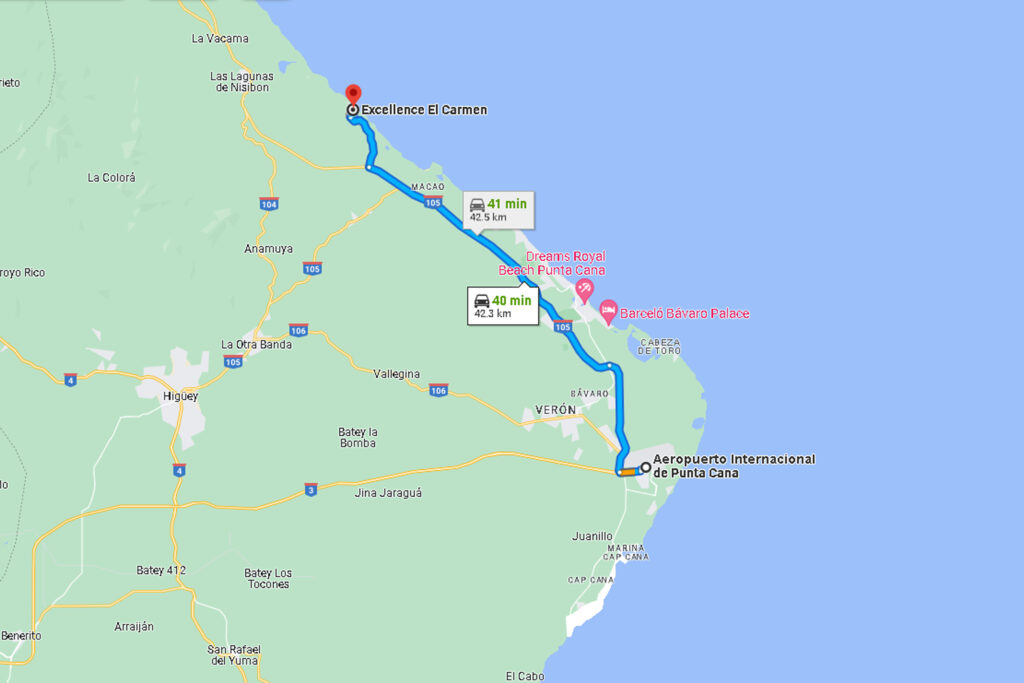 Map Transportation from Punta Cana Airport to Excellence El Carmen