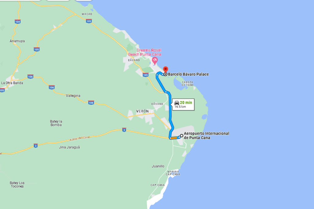 MAp Transportation from Punta Cana Airport to Barceló Bavaro Palace (and Barceló Bavaro Beach)