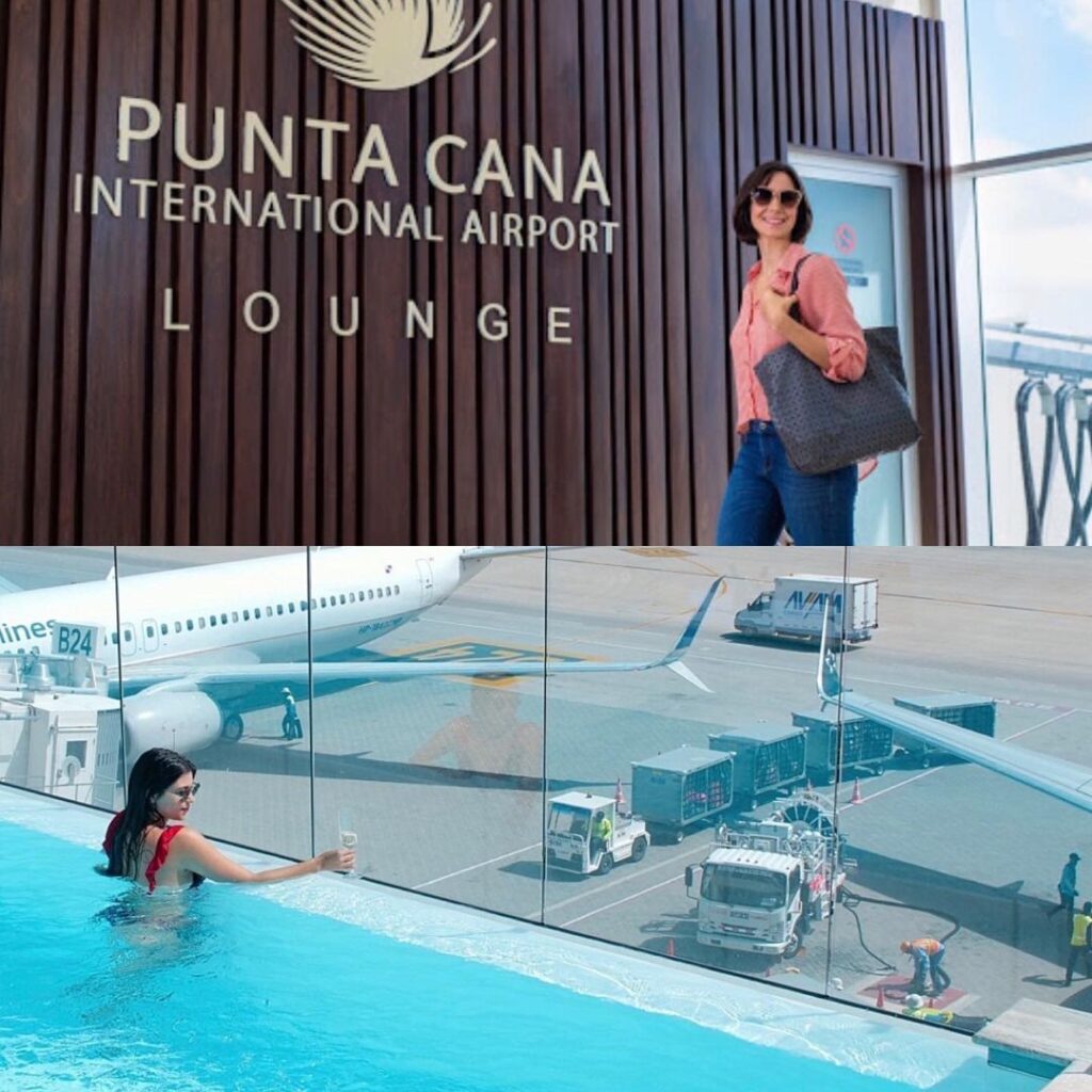 woman posing in front of emblem of the Punta Cana international airport