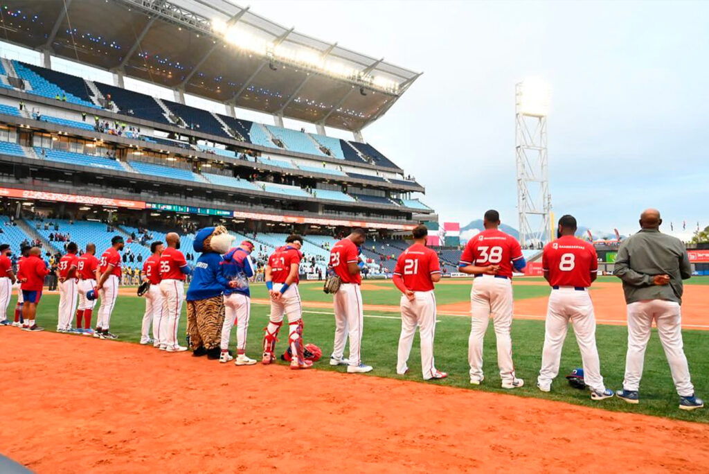 baseball team respectfully listening to their city's anthem