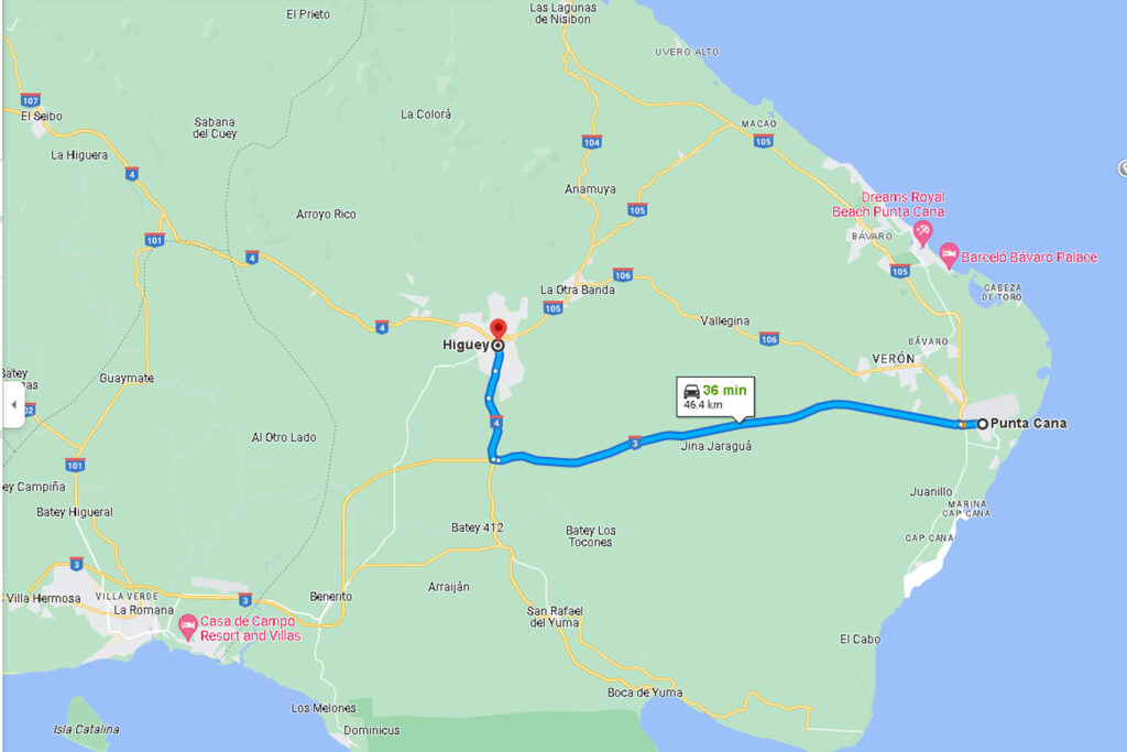 map of Route from Punta Cana airport to Higuey